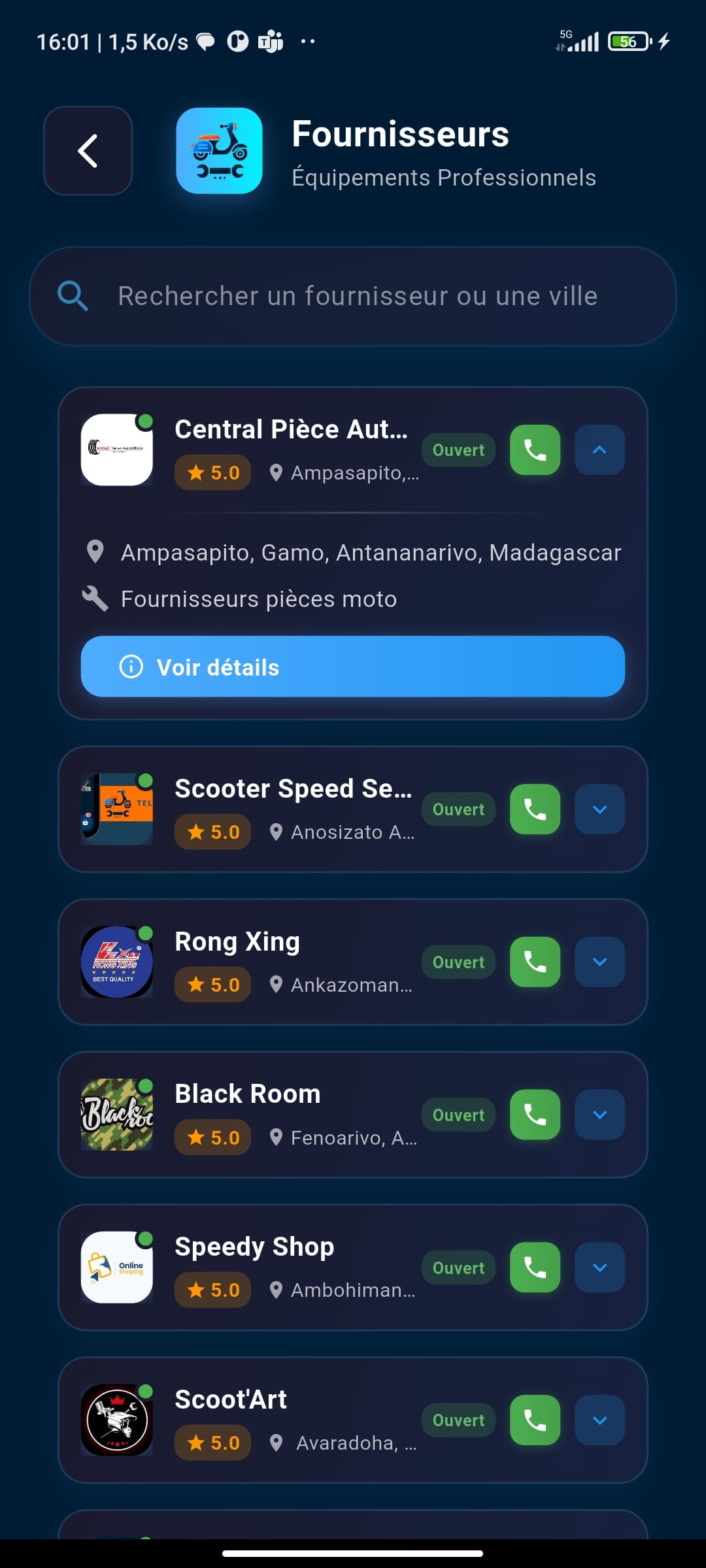 Liste détaillée des fournisseurs partenaires et de leurs services proposés.