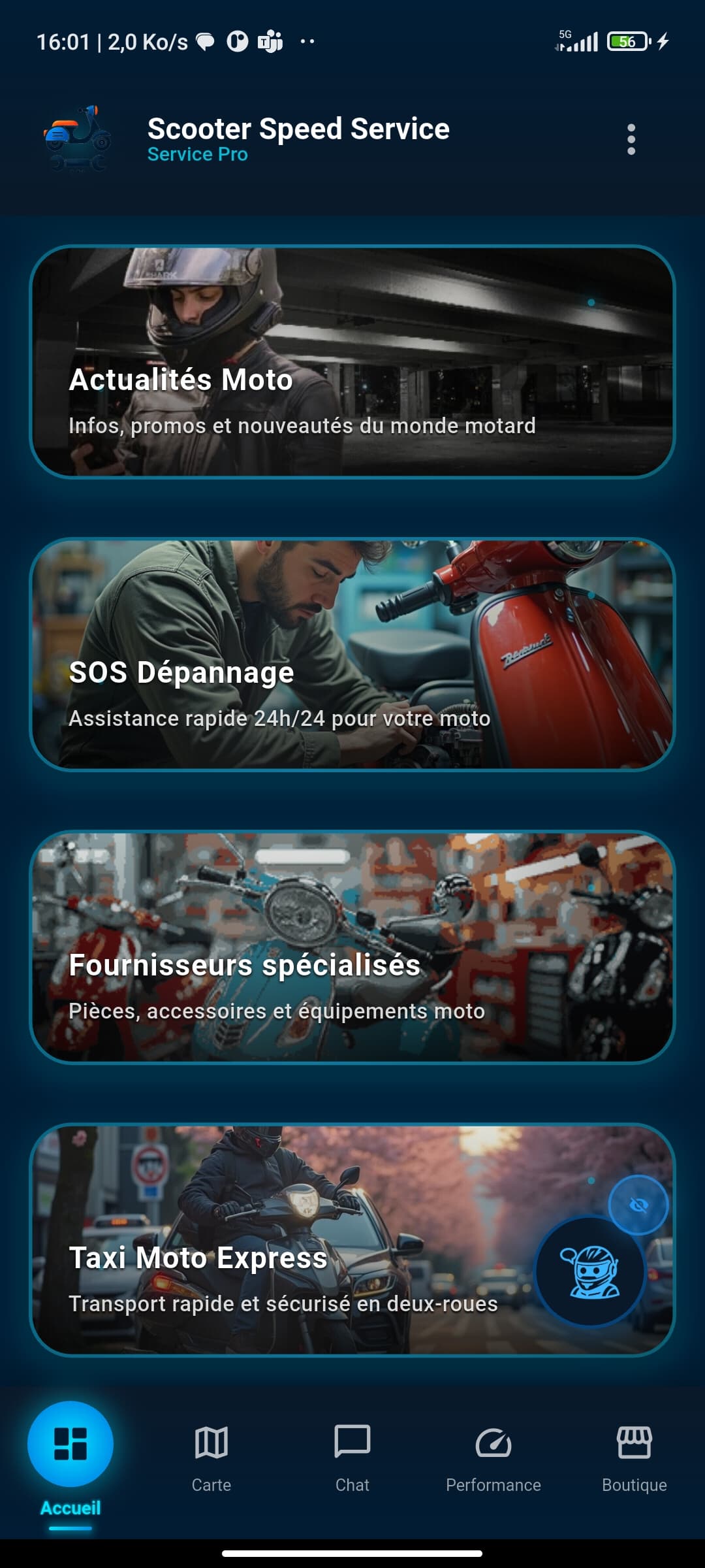 Page d'accueil principale de l'application Scooter Speed Service avec navigation rapide.