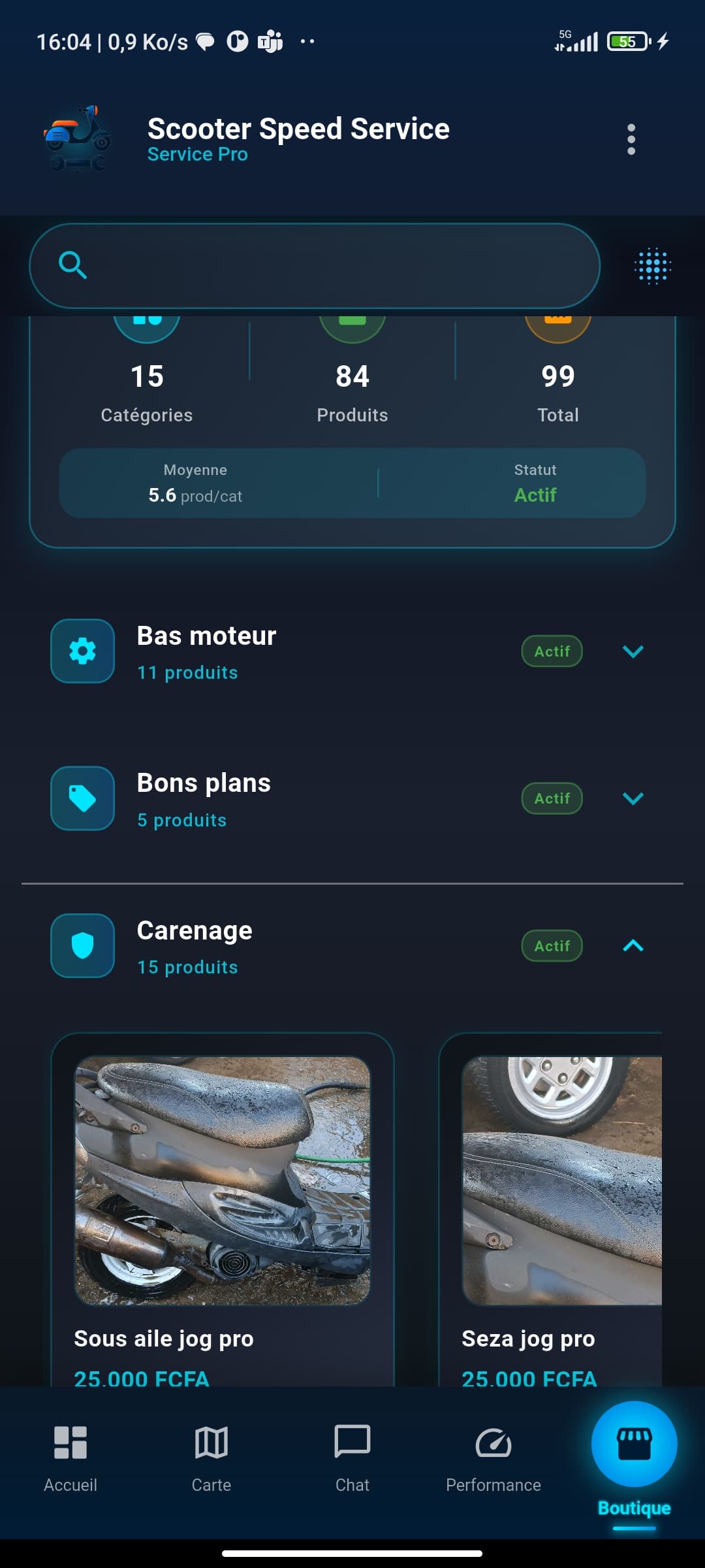 Page affichant les différents produits en vente sur l'application Scooter Speed Service.